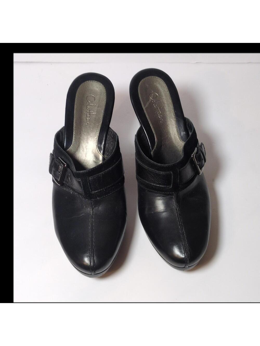 Clarks Women's Black Leather Mule Heels Buckle Block Heel Closed Toe Sz 9B